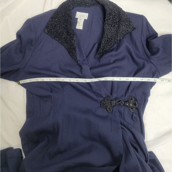 VINTAGE 80s dress navy blue chenille collar wrap maxi M - Picture 10 of 12